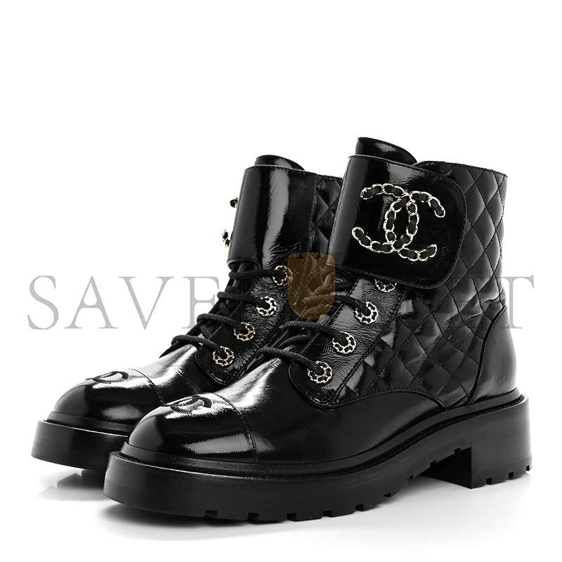 Ch**el shiny calfskin quilted lace up combat boots g36424